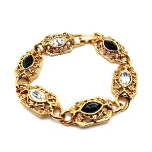 Black Clear Crystal Bracelet, Gold Tone, 1928 Style, 7 1/8 In